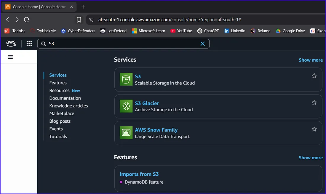 Searching for S3 in the AWS console