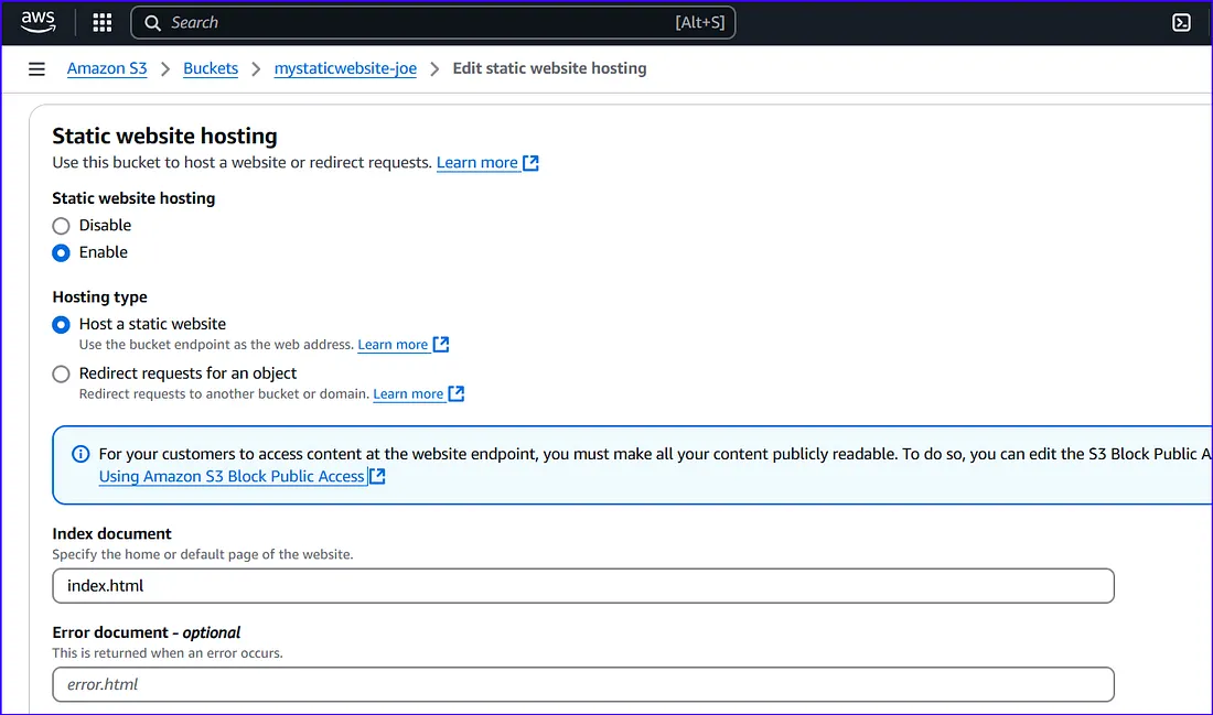 Enabling static website hosting settings