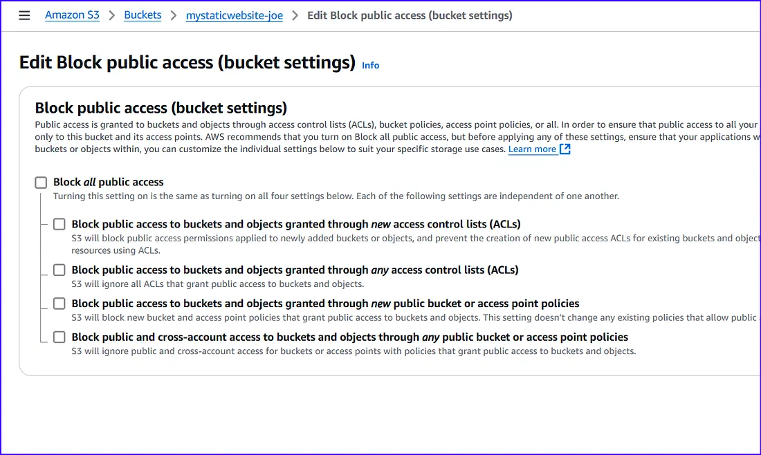 Editing block public access settings