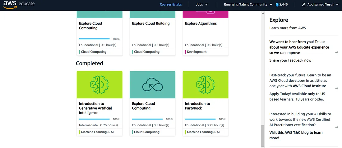 AWS Educate generative AI course dashboard