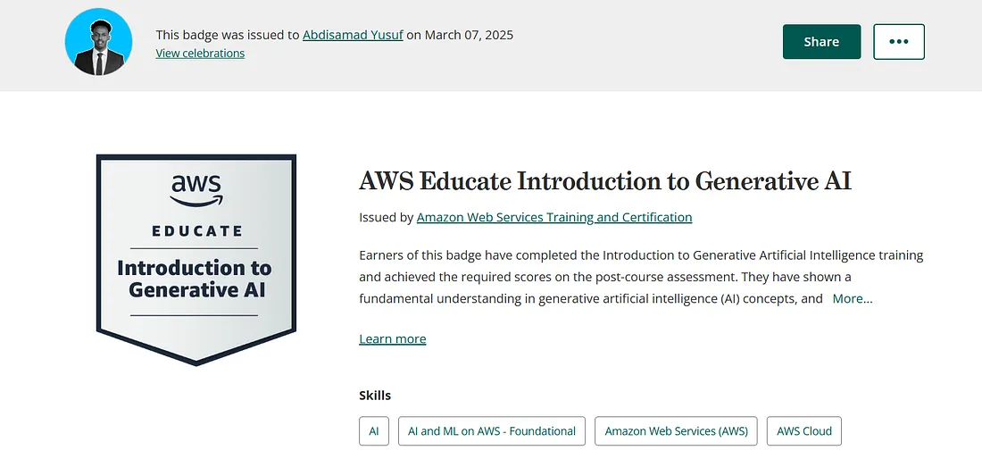 AWS Educate course completion badge