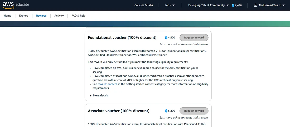 AWS Emerging Talent Community rewards page